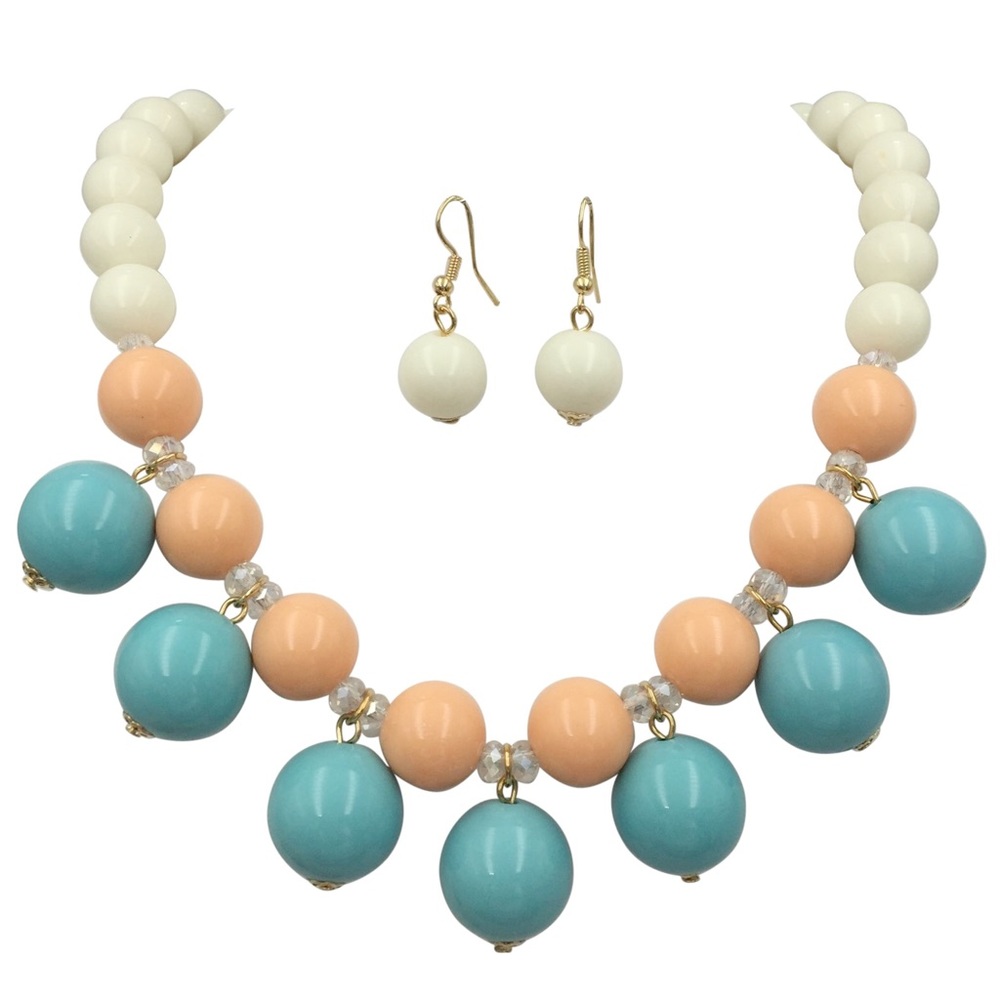White Blue & Peach Pink Bead Flair Drop Necklace Earrings Set